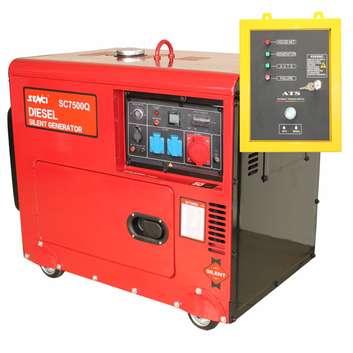 Generator insonorizat SENCI SCD7500Q-3 ATS putere max 4,8 KW/400V, Diesel ATS inclus Generator insonorizat SENCI SCD7500Q-3 ATS putere max 4,8 KW/400V, Diesel ATS inclus